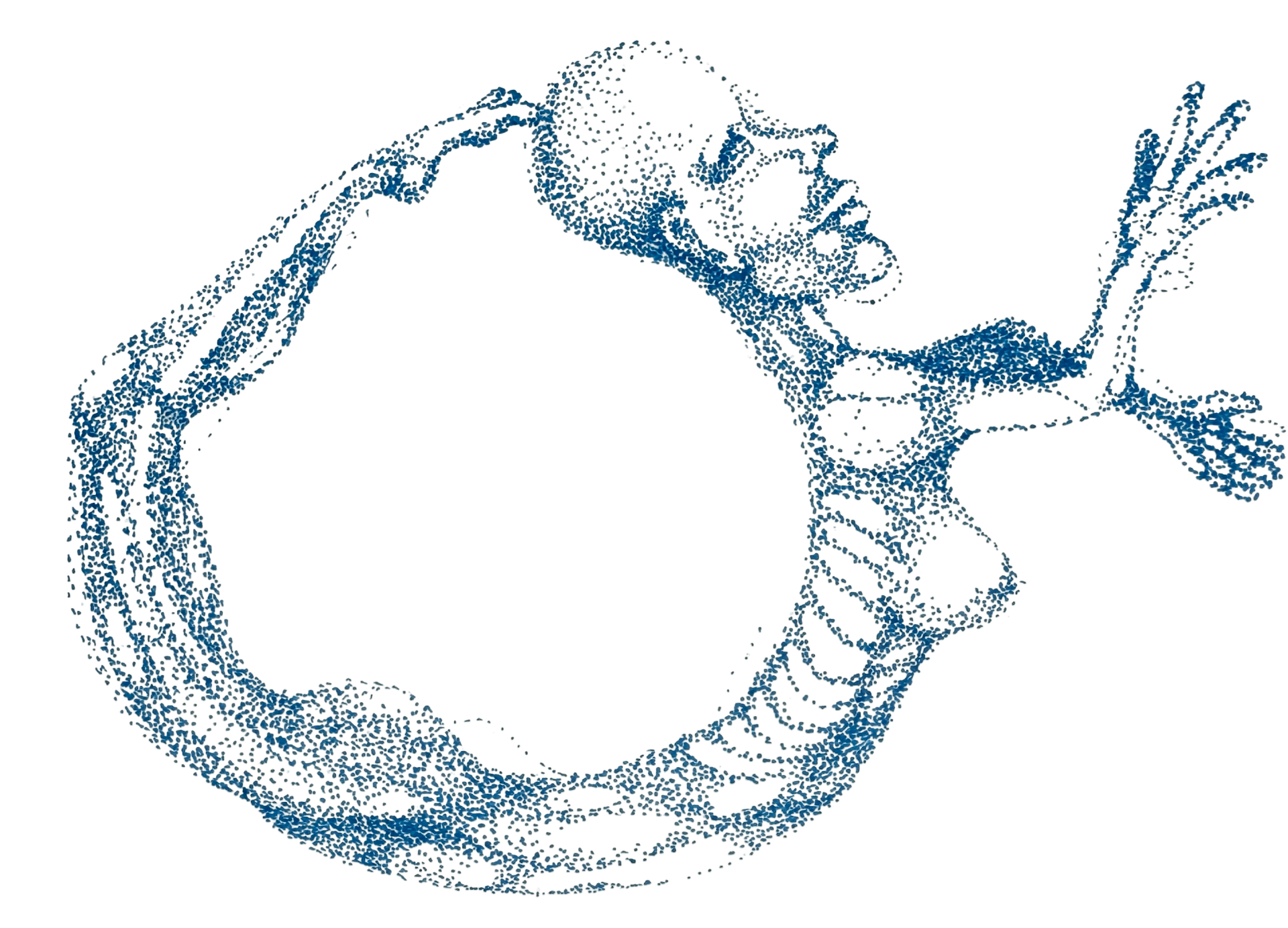 stippled ink drawing of a figure arched into a circle